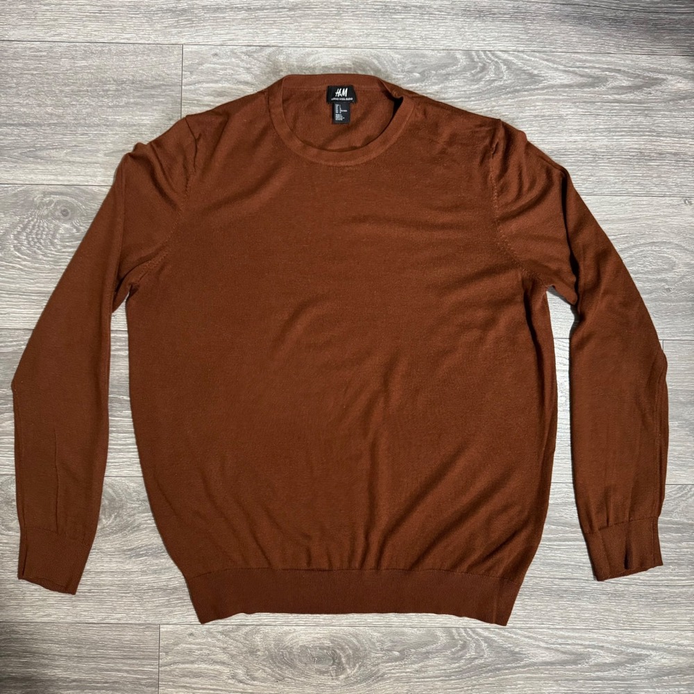 HM Mens Merino Wool Blend Crewneck Sweater Rust Brown Large‎ Lightweight Knit